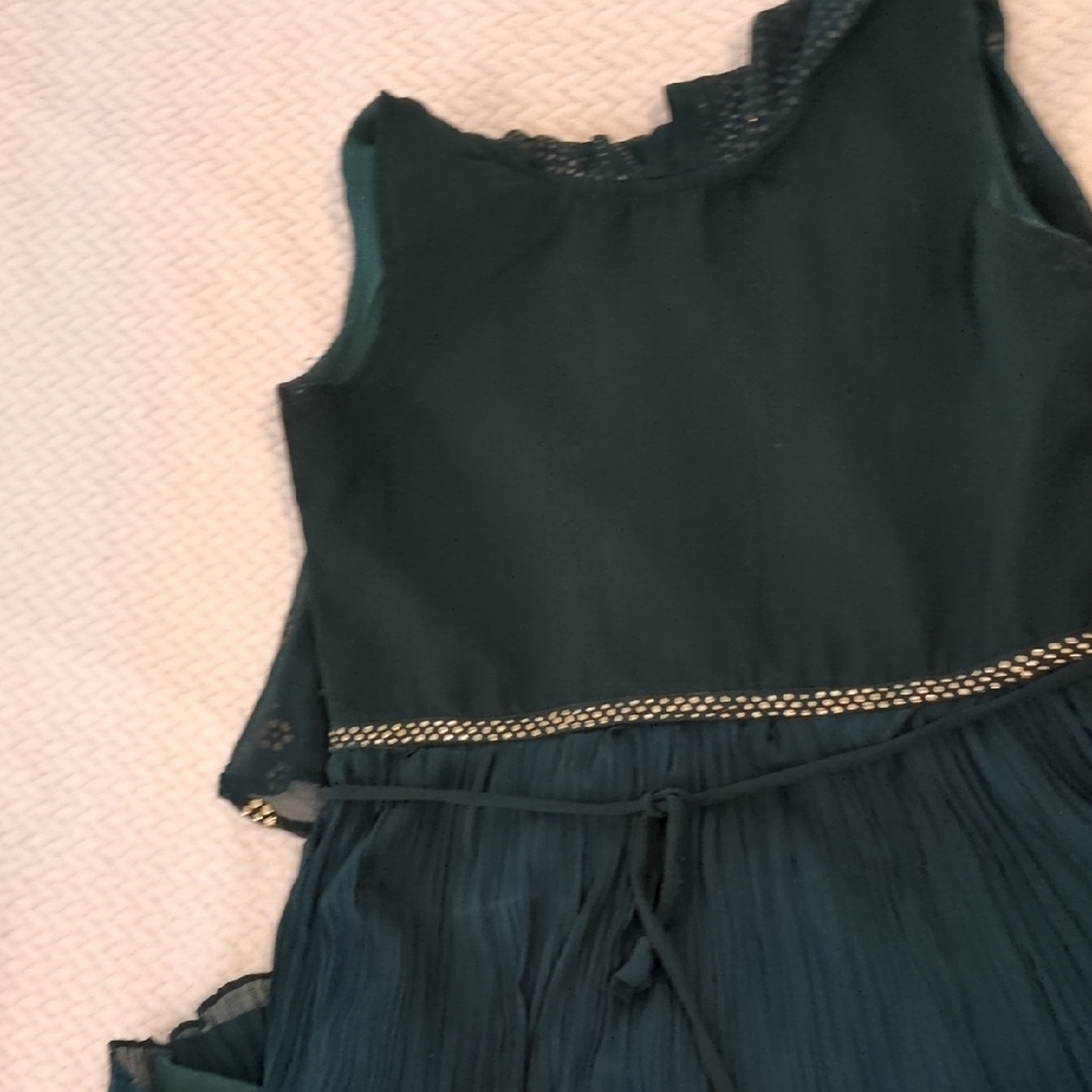 Formal Dress: Deep Green w/Gold Embellishments & Flowy Cape on Modest Sleeveless - Picture 10 of 16